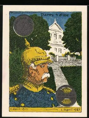 Notgeld Parey an der Elbe, 1921, 50 Pfennig, Bismarck Porträt und Text auf Rückseite