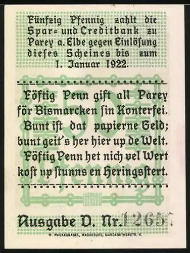 Notgeld Parey an der Elbe, 1921, 50 Pfennig, Bismarck Porträt und Text auf Rückseite