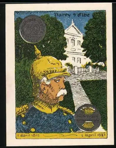 Notgeld Parey an der Elbe, 1921, 50 Pfennig, Bismarck-Porträt vor Gebäude, grüne Schrift mit Gedicht auf Rückseite