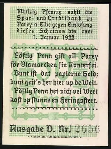 Notgeld Parey an der Elbe, 1921, 50 Pfennig, Bismarck-Porträt vor Gebäude, grüne Schrift mit Gedicht auf Rückseite