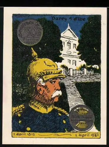 Notgeld Parey an der Elbe 1921, 50 Pfennig, Bismarck Portrait und Gebäude, Ausgabe D Nr. 12658