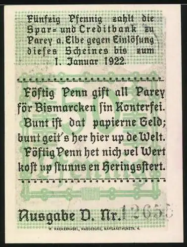 Notgeld Parey an der Elbe 1921, 50 Pfennig, Bismarck Portrait und Gebäude, Ausgabe D Nr. 12658