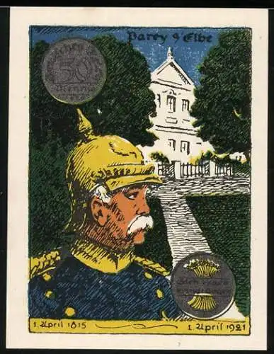 Notgeld Parey an der Elbe 1921, 50 Pfennig, Bismarck-Porträt und Gebäude, Ausgabe Nr. 12663