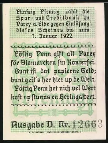 Notgeld Parey an der Elbe 1921, 50 Pfennig, Bismarck-Porträt und Gebäude, Ausgabe Nr. 12663