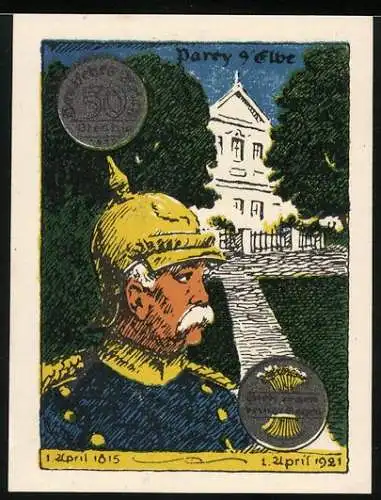 Notgeld Parey an der Elbe 1921, 50 Pfennig, Bismarck und Gebäude im Hintergrund, Text auf Rückseite