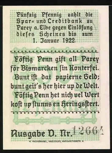 Notgeld Parey an der Elbe 1921, 50 Pfennig, Bismarck und Gebäude im Hintergrund, Text auf Rückseite
