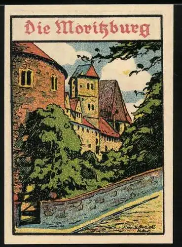 Notgeld Halle / Saale 1921, 50 Pfennig, Moritzburg Abbildung mit zwei Personen und Wappen, Text zur Gültigkeit