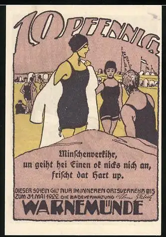 Notgeld Warnemünde, 1922, 10 Pfennig, Badegäste und Boote, Reutergeld