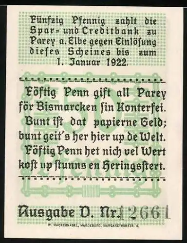 Notgeld Parey an der Elbe 1921, 50 Pfennig, Bismarck vor Gebäude mit Garten und Bismarck Zitat