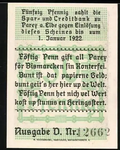 Notgeld Parey an der Elbe, 1921, 50 Pfennig, mit Bismarck Porträt und Gebäude im Hintergrund