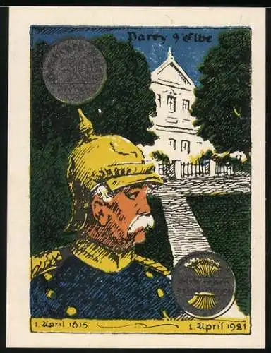 Notgeld Parey an der Elbe, 1921, 50 Pfennig, Bismarck Porträt und Gebäude im Hintergrund