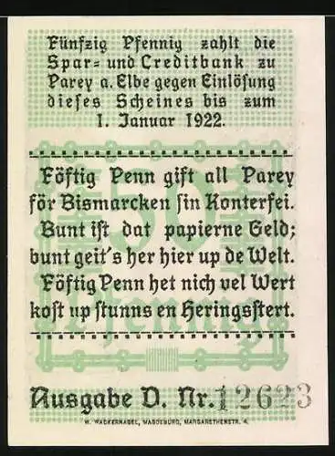 Notgeld Parey an der Elbe, 1921, 50 Pfennig, Bismarck Porträt und Gebäude im Hintergrund