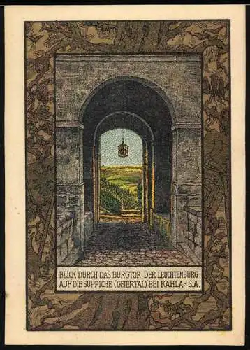 Notgeld Kahla 1921, 75 Pfennig, Blick durch das Burgtor der Leuchtenburg auf die Suppiche (Geiertal) bei Kahla