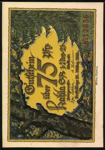 Notgeld Kahla 1921, 75 Pfennig, Blick durch das Burgtor der Leuchtenburg auf die Suppiche (Geiertal) bei Kahla