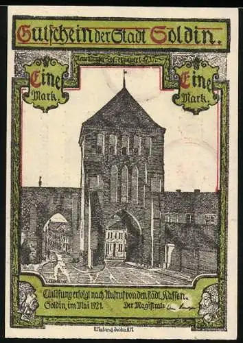 Notgeld Soldin 1921, 1 Mark, Stadtansicht mit Tor, Rückseite mit Text und Emblem