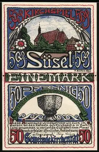 Notgeld Süsel, 1920, 2x 50 Pfennig, Motiv Kirche und Bauer, H. Blunck und H.G. Rauthgens Lübeck