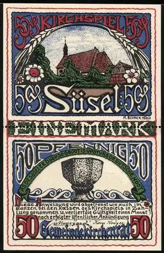 Notgeld Süsel 1920, 2x 50 Pfennig, Kirchspiel Süsel mit Kirche und Bauer, Rückseite mit Landschaft und Gebäude