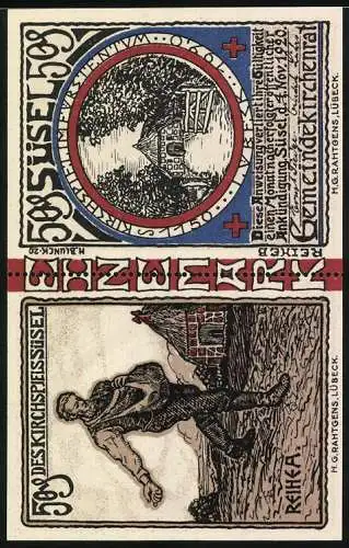 Notgeld Süsel 1920, 2x 50 Pfennig, Kirchspiel Süsel mit Kirche und Bauer, Rückseite mit Landschaft und Gebäude