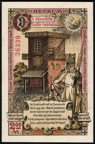 Notgeld Beckum, 1920, 2 Mark, künstliche Rathaus Sonnenuhr und Stadtwappen mit Magistrat