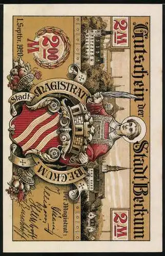 Notgeld Beckum, 1920, 2 Mark, künstliche Rathaus Sonnenuhr und Stadtwappen mit Magistrat