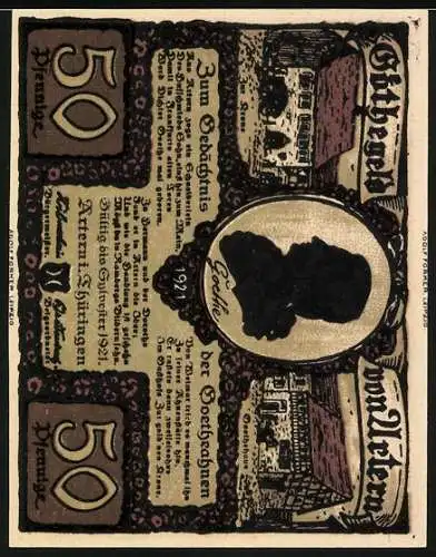 Notgeld Artern 1921, 50 Pfennig, Silhouette Goethe und Gebäudeansichten