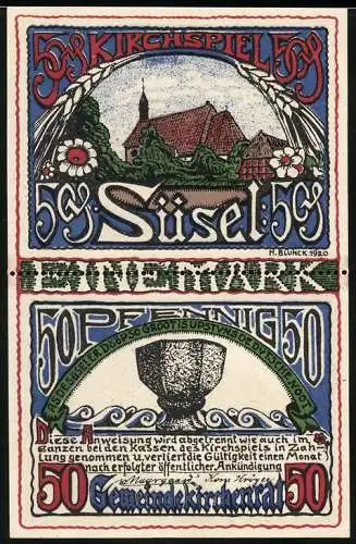 Notgeld Süsel 1920, 2x 50 Pfennig, Kirche und Bauer mit Rechen, Gemeinde Kirchspiel