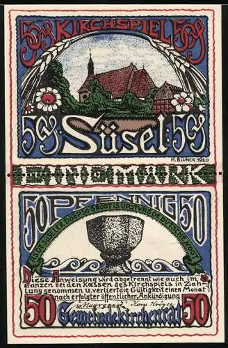 Notgeld Süsel 1920, 2x 50 Pfennig, Ansicht Kirche und Bote mit Brief
