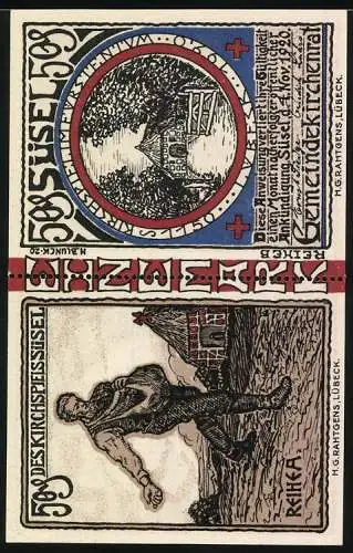 Notgeld Süsel 1920, 2x 50 Pfennig, Ansicht Kirche und Bote mit Brief