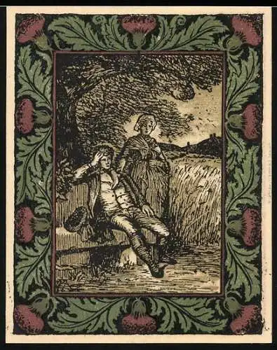 Notgeld Artern 1921, 50 Pfennig, Silhouette von Goethe, ländliche Szene und florales Muster