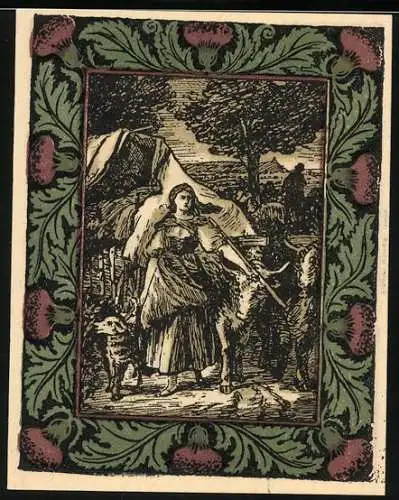 Notgeld Artern 1921, 50 Pfennig, Frau mit Vieh und Landschaftsbild, Gedenkschein mit Silhouette Goethe und Gebäuden