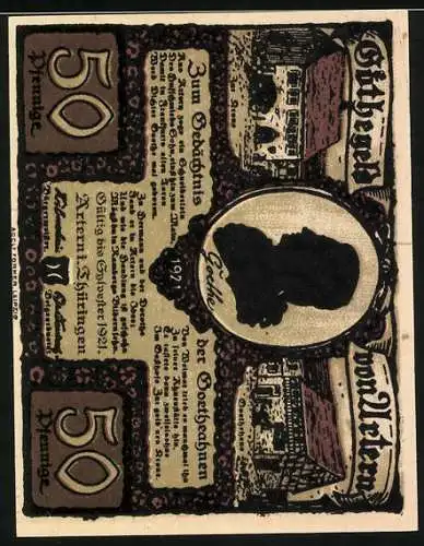 Notgeld Artern 1921, 50 Pfennig, Frau mit Vieh und Landschaftsbild, Gedenkschein mit Silhouette Goethe und Gebäuden