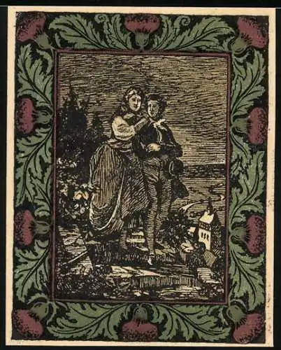 Notgeld Artern 1921, 50 Pfennig, Gedenkblatt mit Paar und Gebäuden, Silhouette Goethe