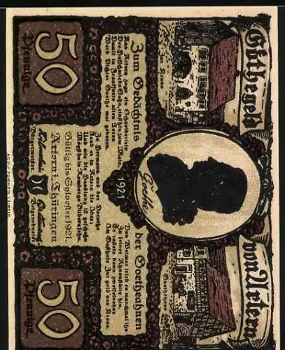 Notgeld Artern 1921, 50 Pfennig, Gedenkblatt mit Paar und Gebäuden, Silhouette Goethe