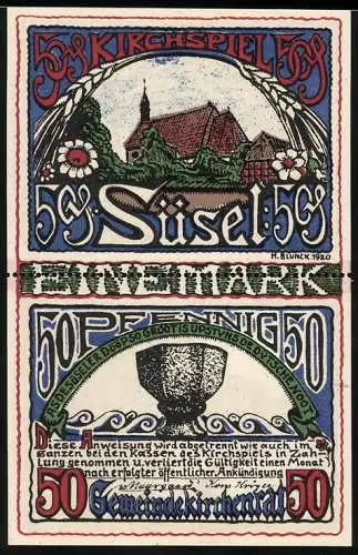 Notgeld Süsel 1920, 2x 50 Pfennig, Kirche und Landschaftsszene mit Arbeiter