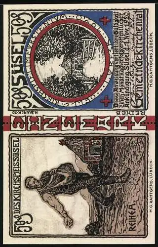 Notgeld Süsel 1920, 2x 50 Pfennig, Kirche und Landschaftsszene mit Arbeiter