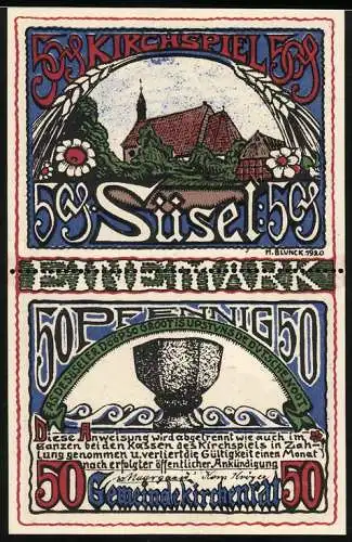 Notgeld Süsel 1920, 2x 50 Pfennig, farbenfrohe Darstellung der Kirche und eines Bauern