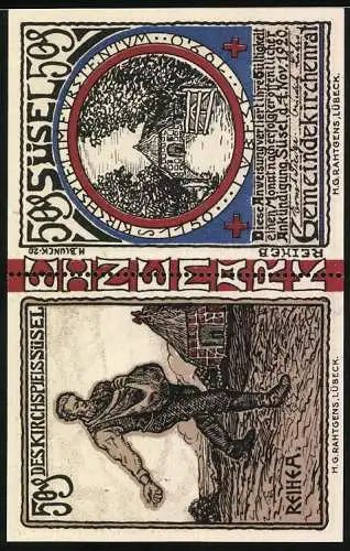 Notgeld Süsel 1920, 2x 50 Pfennig, farbenfrohe Darstellung der Kirche und eines Bauern