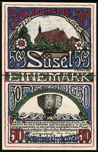 Notgeld Süsel 1920, 2x 50 Pfennig, Kirche und Bauer mit Sense