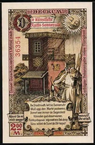Notgeld Beckum 1920, 2 Mark, Rathaus Sonnenuhr und Magistrat mit Wappen und Figur