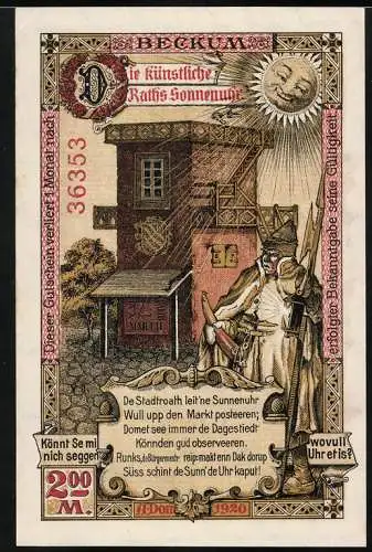 Notgeld Beckum, 1920, 2 Mark, künstliche Rathaus Sonnenuhr und Wappen mit Stadtansicht
