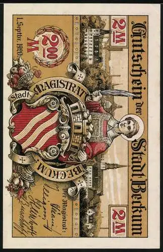 Notgeld Beckum, 1920, 2 Mark, künstliche Rathaus Sonnenuhr und Wappen mit Stadtansicht