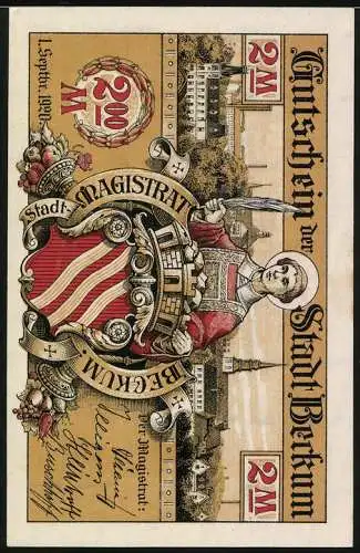 Notgeld Beckum, 1920, 2 Mark, Künstliche Ratssonnenuhr und Stadtwappen mit Stadtansicht