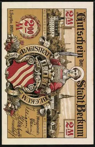 Notgeld Beckum, 1920, 2 Mark, künstliche Rathaus Sonnenuhr und Stadtsiegel mit Stadtwappen