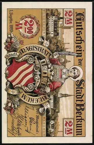 Notgeld Beckum, 1920, 2 Mark, Stadtwappen und Sonnenuhr Darstellung