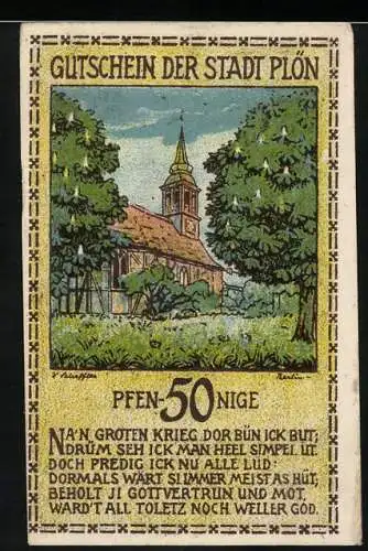 Notgeld Plön, 1921, 50 Pfennig, Motiv mit Kirche und Portrait von Hans Adolf, Gründer der Neustadt