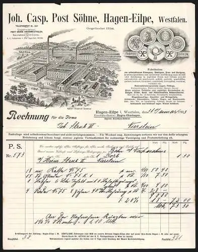 Rechnung Hagen-Eilpe i. Westfalen 1903, Joh. Casp. Post Söhne, Eisen- und Stahlgiesserei, Fabrikansicht und Medaillen