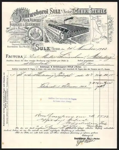 Rechnung Sulz a. Neckar 1903, Gebr. Stehle, Buntweberei, Färberei & Bleicherei, Die Fabrik mit Kanalanlage