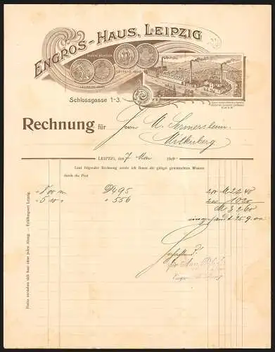 Rechnung Leipzig 1900, Engros-Handlung, Schlossgasse 1-3, Betriebsanlage und Messe-Medaillen