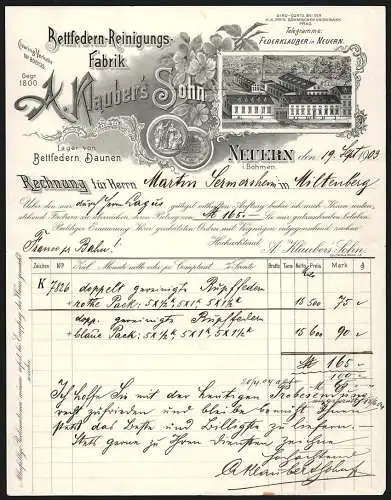 Rechnung Neuern i. Böhmen 1903, A. Klauber`s Sohn, Bettfedern-Reinigungs-Fabrik, Betriebsgelände mit Lagerhof