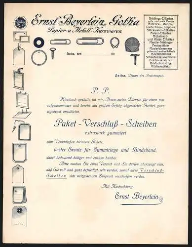 Werbebillet Gotha, Ernst Beyerlein, Papier- und Metall-Kurzwaren, Darstellung verschiedener Produkte